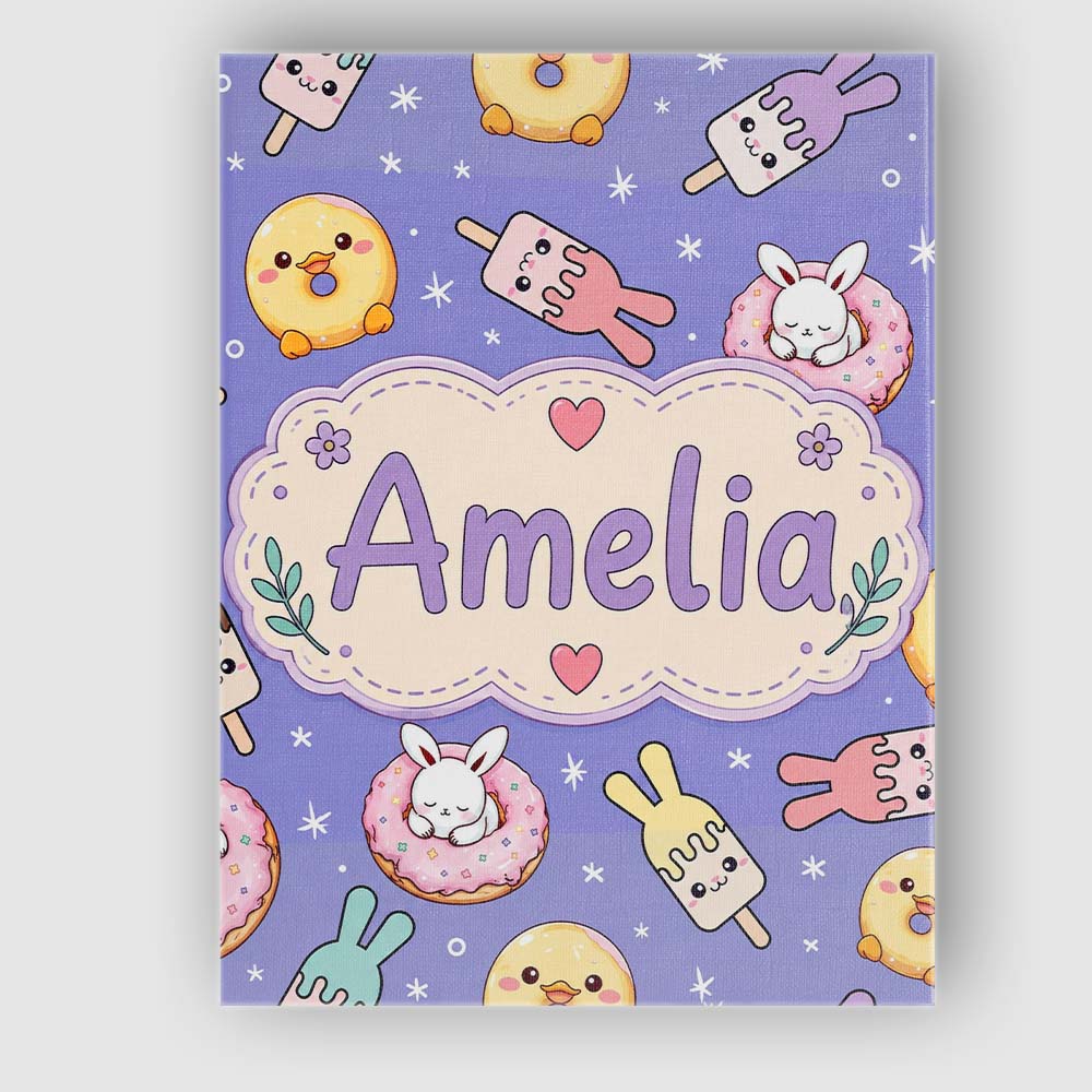 Personalised Name Cute Bunny Donut Ice Custom Modern Room Accent Elegant Feature Canvas Wall Art Print Decor Picture Ready to Hang