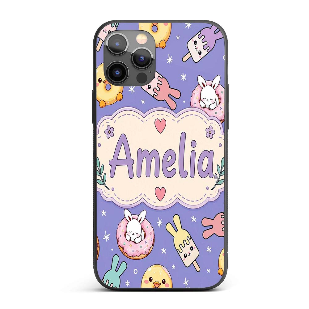Cute Bunny Donut Ice Cream Kawaii Printed Design Custom Name Protective Phone Case Mobile Cover Durable Everyday Smartphone Shock Resistant