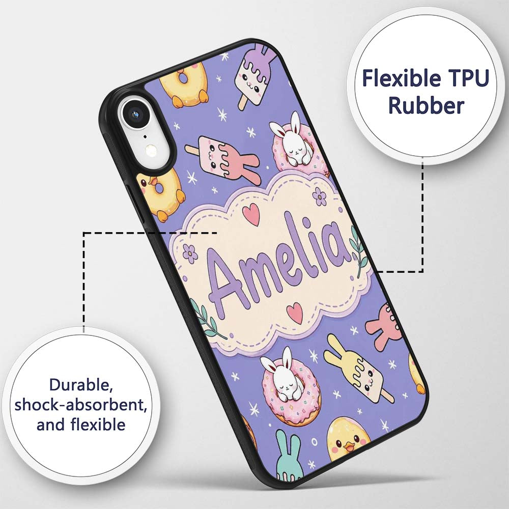 Cute Bunny Donut Ice Cream Kawaii Printed Design Custom Name Protective Phone Case Mobile Cover Durable Everyday Smartphone Shock Resistant