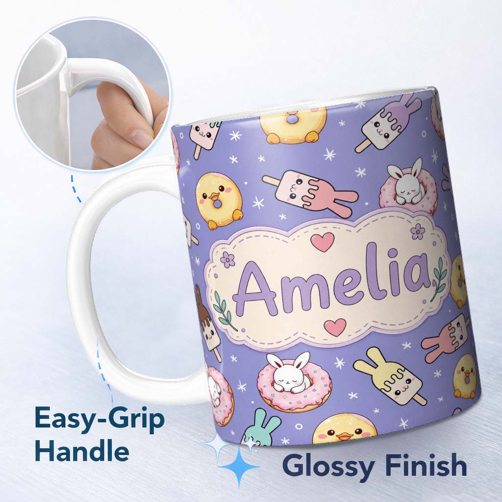 Personalized Custom Name Cute Bunny Donut Ice Cream Kawaii Dessert Seamless Pattern Purple 11oz Ceramic Coffee Tea Mug White Large Handle