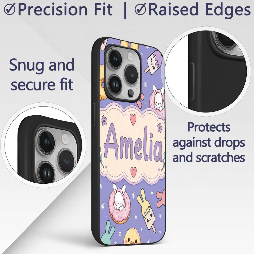 Cute Bunny Donut Ice Cream Kawaii Printed Design Custom Name Protective Phone Case Mobile Cover Durable Everyday Smartphone Shock Resistant