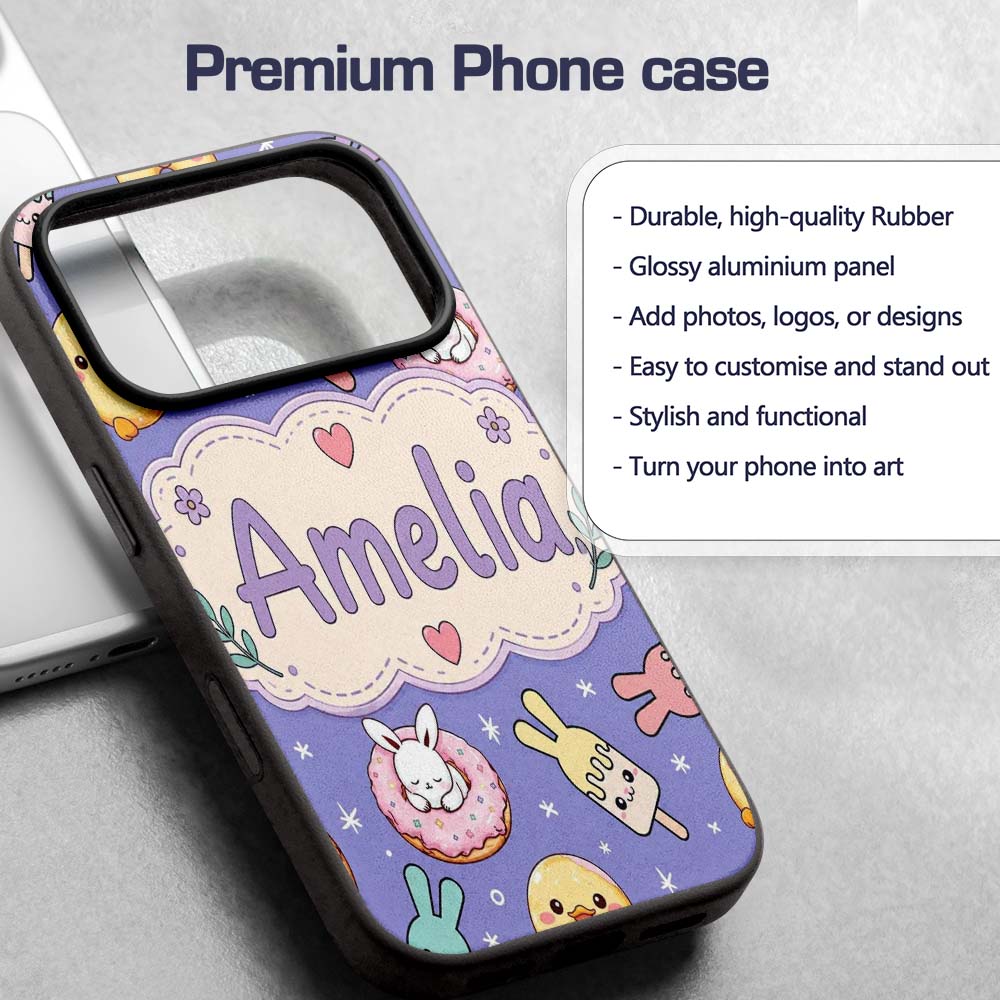 Cute Bunny Donut Ice Cream Kawaii Printed Design Custom Name Protective Phone Case Mobile Cover Durable Everyday Smartphone Shock Resistant