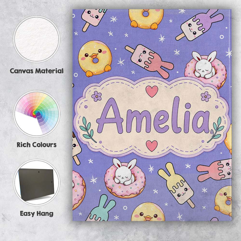Personalised Name Cute Bunny Donut Ice Custom Modern Room Accent Elegant Feature Canvas Wall Art Print Decor Picture Ready to Hang