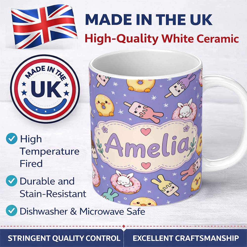 Personalized Custom Name Cute Bunny Donut Ice Cream Kawaii Dessert Seamless Pattern Purple 11oz Ceramic Coffee Tea Mug White Large Handle