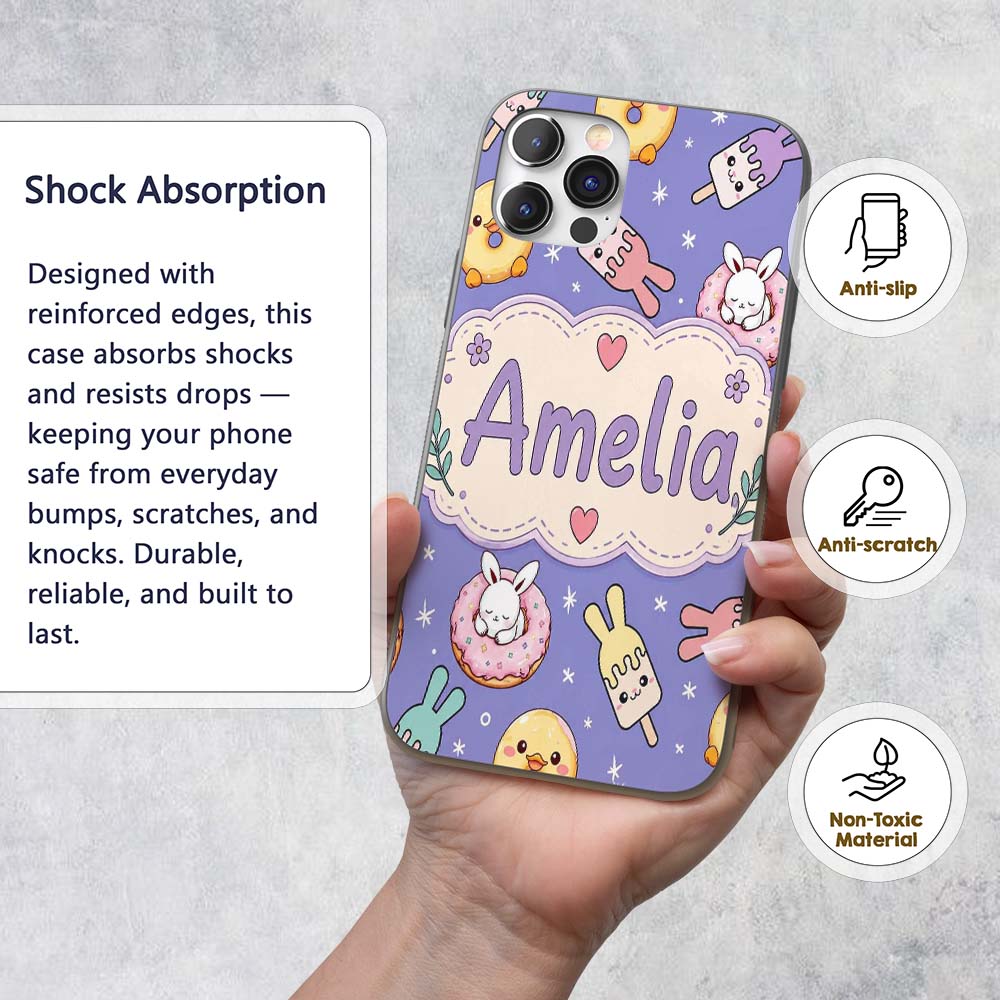 Cute Bunny Donut Ice Cream Kawaii Printed Design Custom Name Protective Phone Case Mobile Cover Durable Everyday Smartphone Shock Resistant