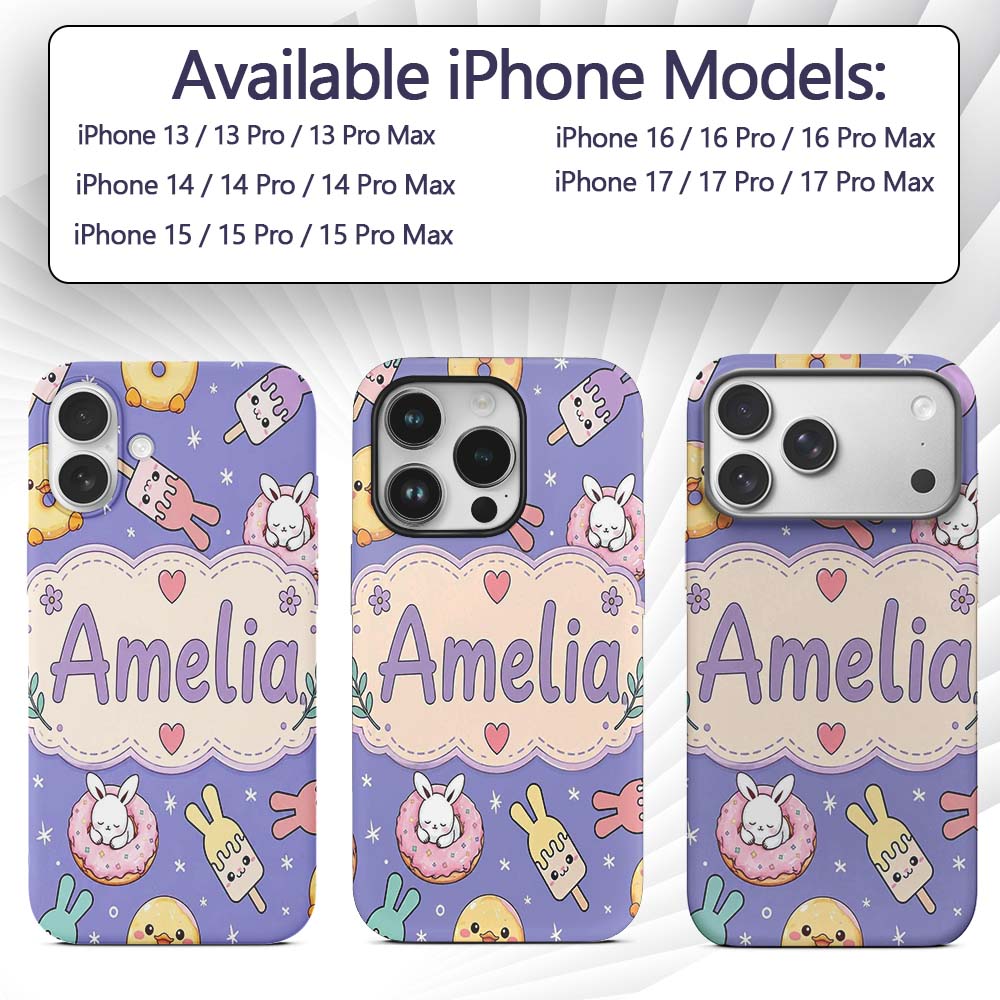 Cute Bunny Donut Ice Cream Kawaii Printed Design Custom Name Protective Phone Case Mobile Cover Durable Everyday Smartphone Shock Resistant