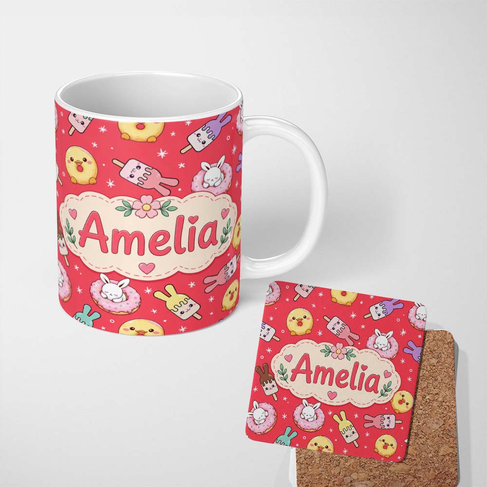 Personalized Custom Name Cute Bunny Donut Ice Cream Kawaii Dessert Seamless Pattern Red 11oz Ceramic Coffee Tea Mug White Large Handle