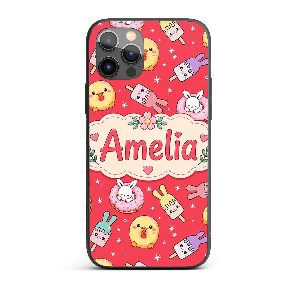 Cute Bunny Donut Ice Cream Kawaii Printed Design Custom Name Protective Phone Case Mobile Cover Durable Everyday Smartphone Shock Resistant
