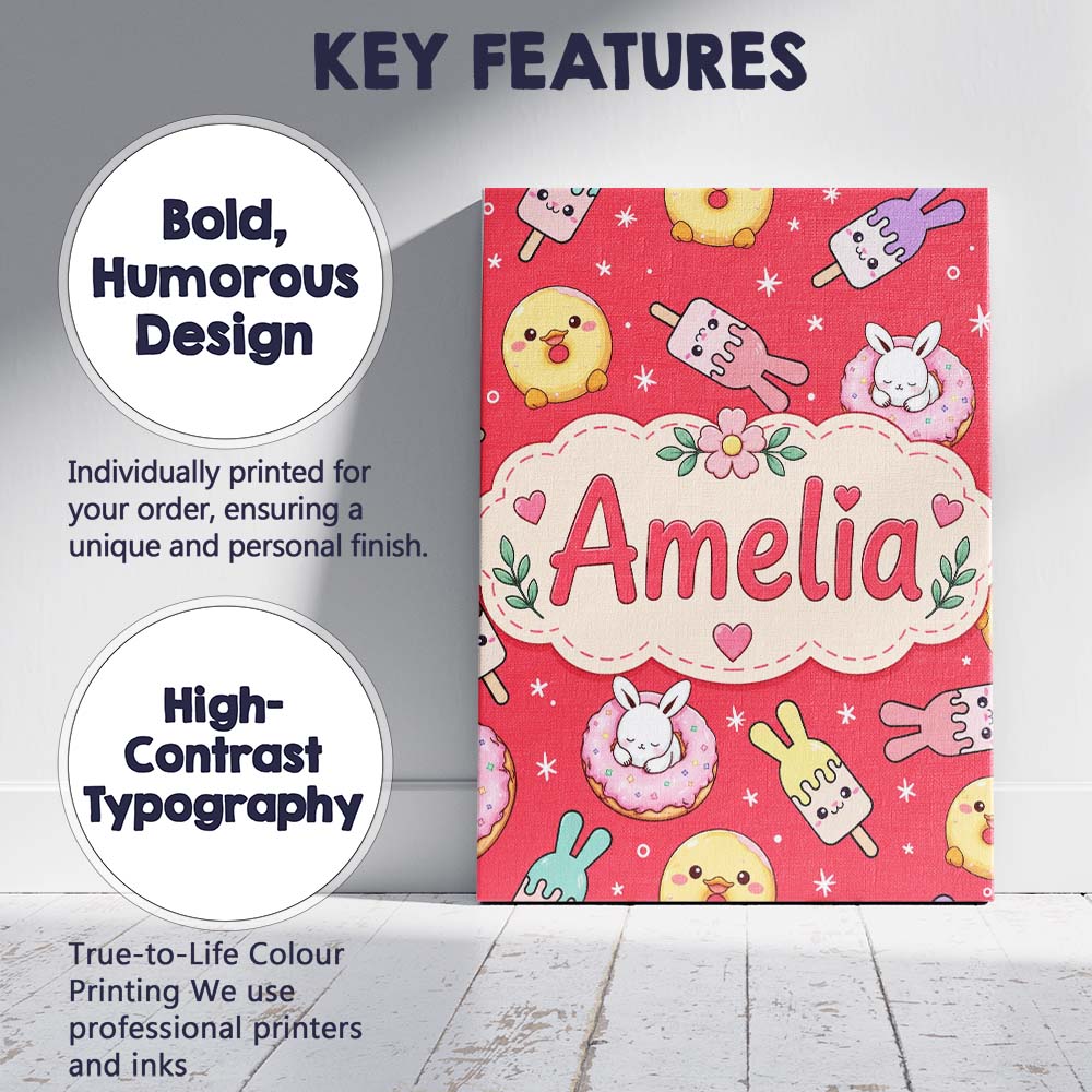 Personalised Name Cute Bunny Donut Ice Custom Modern Room Accent Elegant Feature Canvas Wall Art Print Decor Picture Ready to Hang