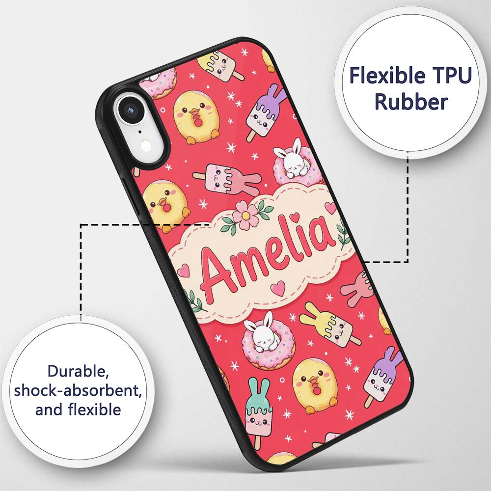 Cute Bunny Donut Ice Cream Kawaii Printed Design Custom Name Protective Phone Case Mobile Cover Durable Everyday Smartphone Shock Resistant