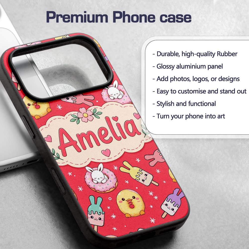 Cute Bunny Donut Ice Cream Kawaii Printed Design Custom Name Protective Phone Case Mobile Cover Durable Everyday Smartphone Shock Resistant