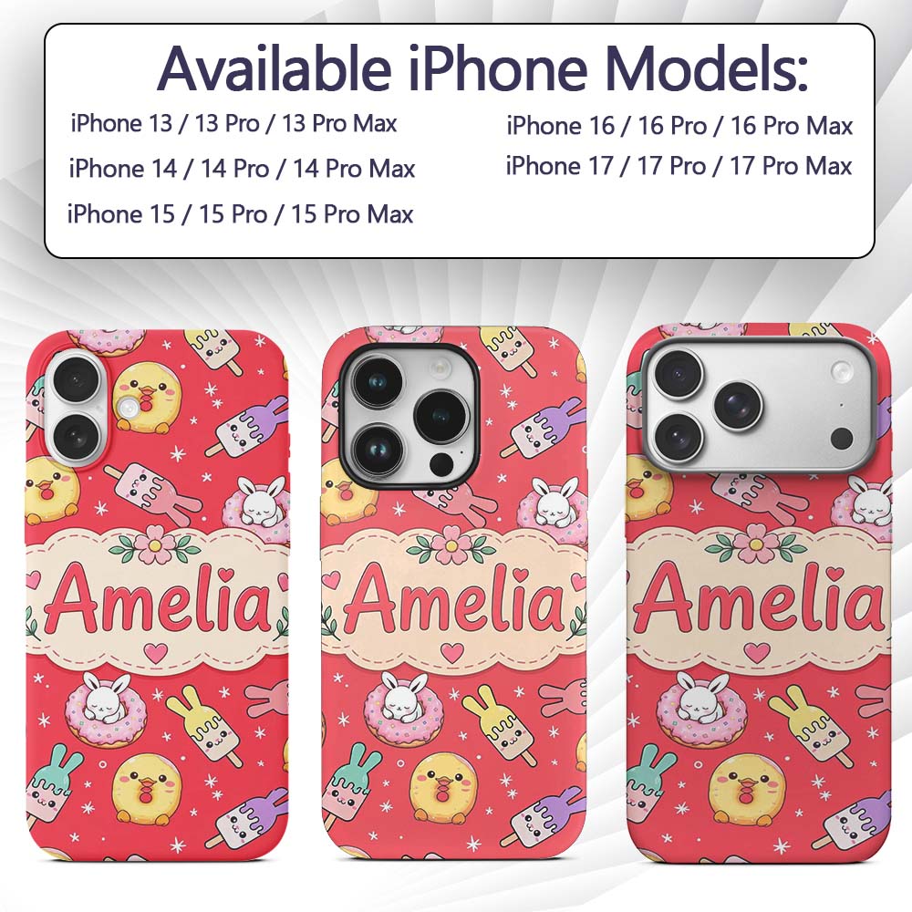 Cute Bunny Donut Ice Cream Kawaii Printed Design Custom Name Protective Phone Case Mobile Cover Durable Everyday Smartphone Shock Resistant