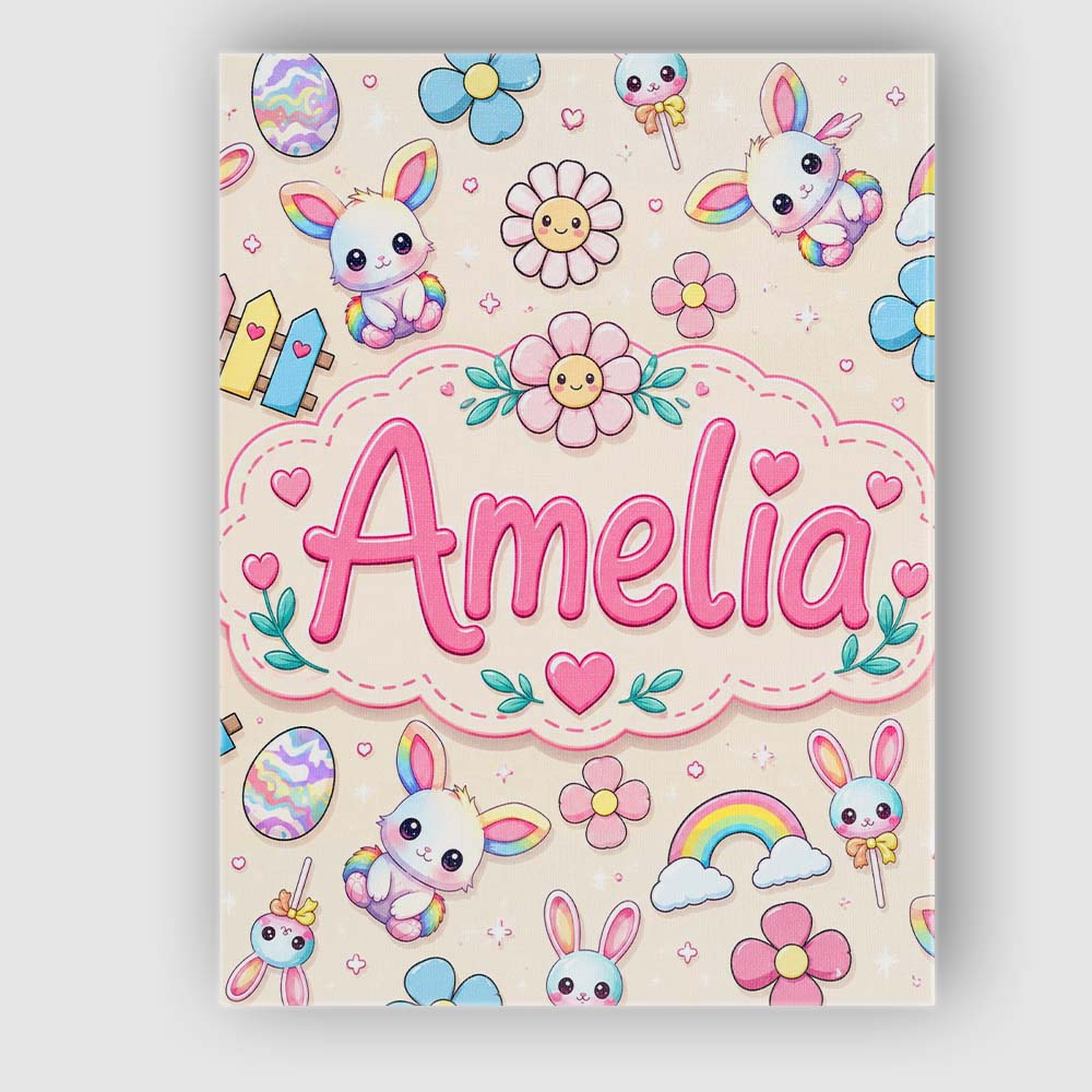 Personalised Name Cute Rainbow Bunny Flower Custom Bespoke Interior Contemporary Canvas Wall Art Print Decor Picture Ready to Hang