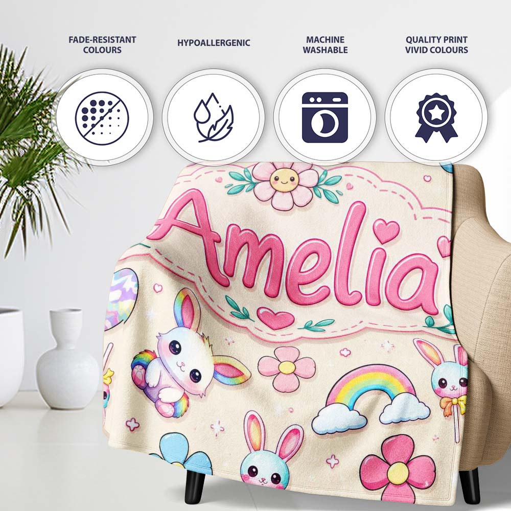 Cute Rainbow Bunny Flower Easter Egg Seamless Pattern Cream Personalised Custom Name Super Soft Fleece Blanket Bed Sofa Throw