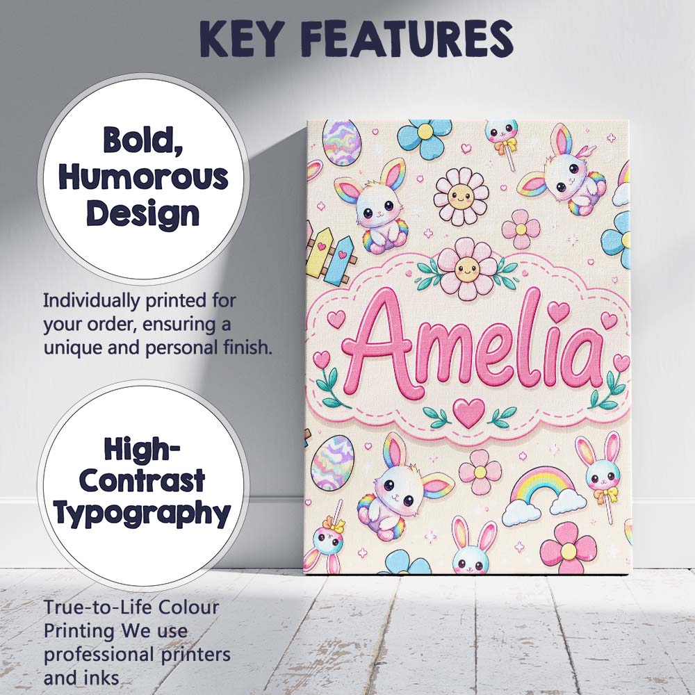 Personalised Name Cute Rainbow Bunny Flower Custom Bespoke Interior Contemporary Canvas Wall Art Print Decor Picture Ready to Hang
