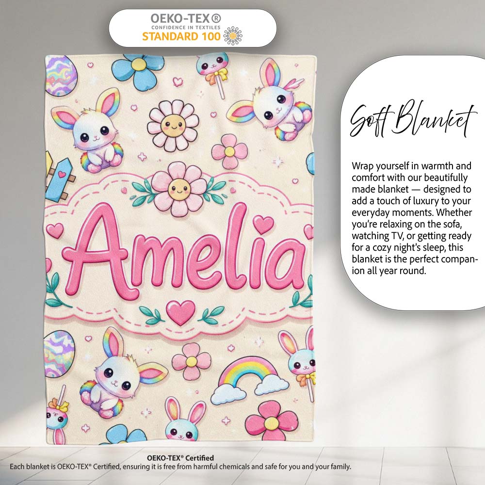 Cute Rainbow Bunny Flower Easter Egg Seamless Pattern Cream Personalised Custom Name Super Soft Fleece Blanket Bed Sofa Throw