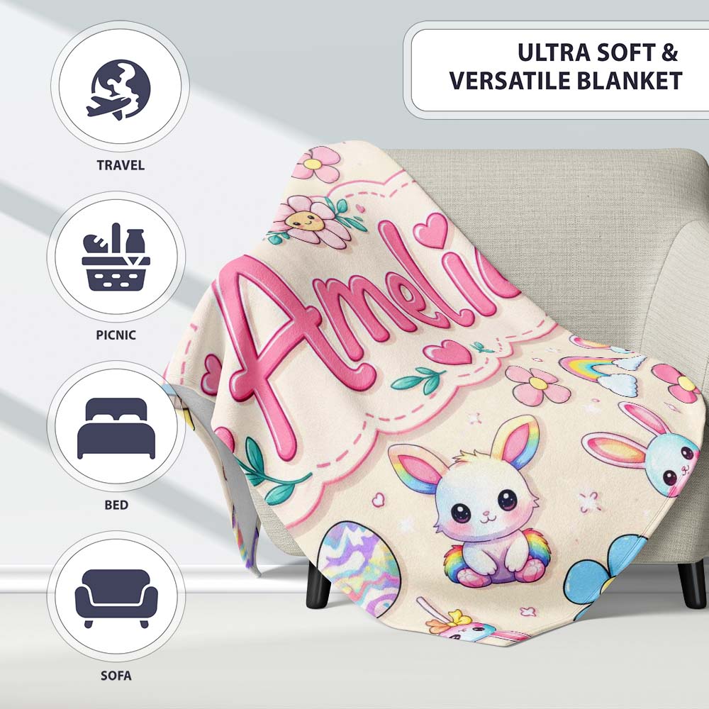 Cute Rainbow Bunny Flower Easter Egg Seamless Pattern Cream Personalised Custom Name Super Soft Fleece Blanket Bed Sofa Throw