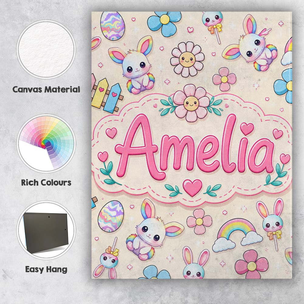 Personalised Name Cute Rainbow Bunny Flower Custom Bespoke Interior Contemporary Canvas Wall Art Print Decor Picture Ready to Hang