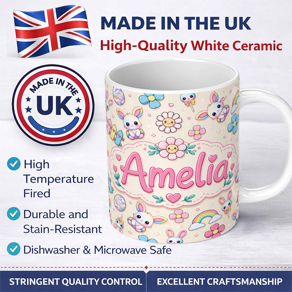 Personalized Custom Name Cute Rainbow Bunny Flower Easter Egg Seamless Pattern Cream 11oz Ceramic Coffee Tea Mug White Large Handle