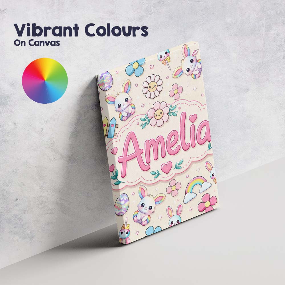 Personalised Name Cute Rainbow Bunny Flower Custom Bespoke Interior Contemporary Canvas Wall Art Print Decor Picture Ready to Hang