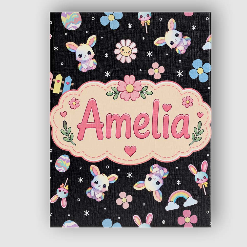 Personalised Name Cute Rainbow Bunny Flower Custom Bespoke Interior Contemporary Canvas Wall Art Print Decor Picture Ready to Hang