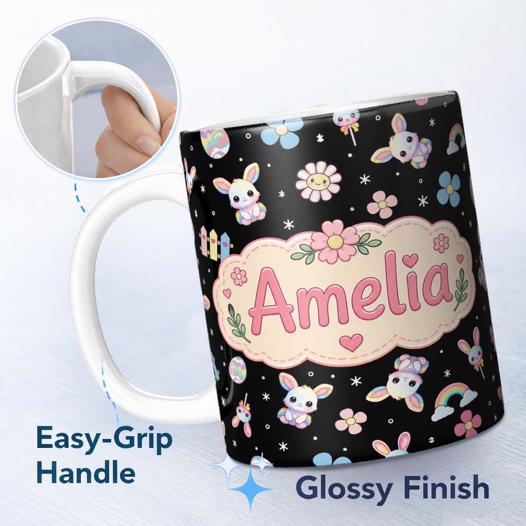 Personalized Custom Name Cute Rainbow Bunny Flower Easter Egg Seamless Pattern Black 11oz Ceramic Coffee Tea Mug White Large Handle