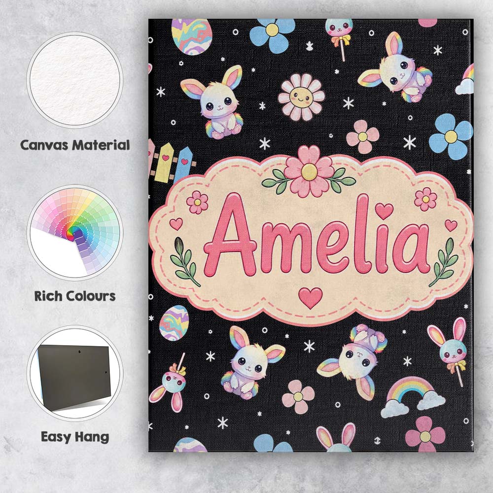 Personalised Name Cute Rainbow Bunny Flower Custom Bespoke Interior Contemporary Canvas Wall Art Print Decor Picture Ready to Hang