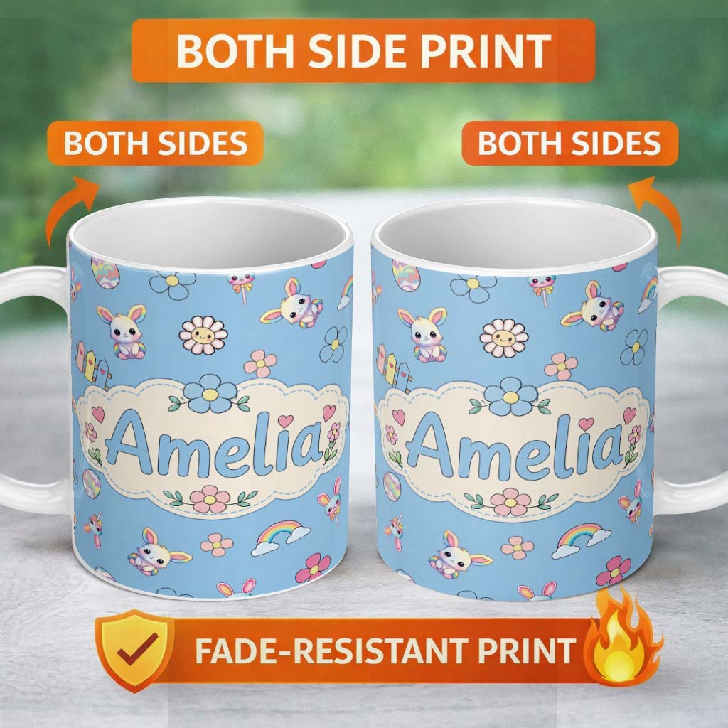 Personalized Custom Name Cute Rainbow Bunny Flower Easter Egg Seamless Pattern Blue 11oz Ceramic Coffee Tea Mug White Large Handle