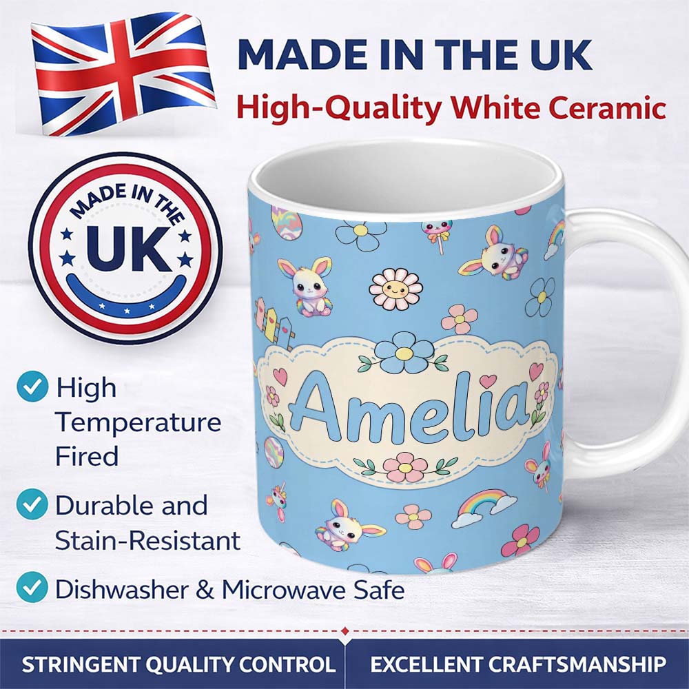 Personalized Custom Name Cute Rainbow Bunny Flower Easter Egg Seamless Pattern Blue 11oz Ceramic Coffee Tea Mug White Large Handle