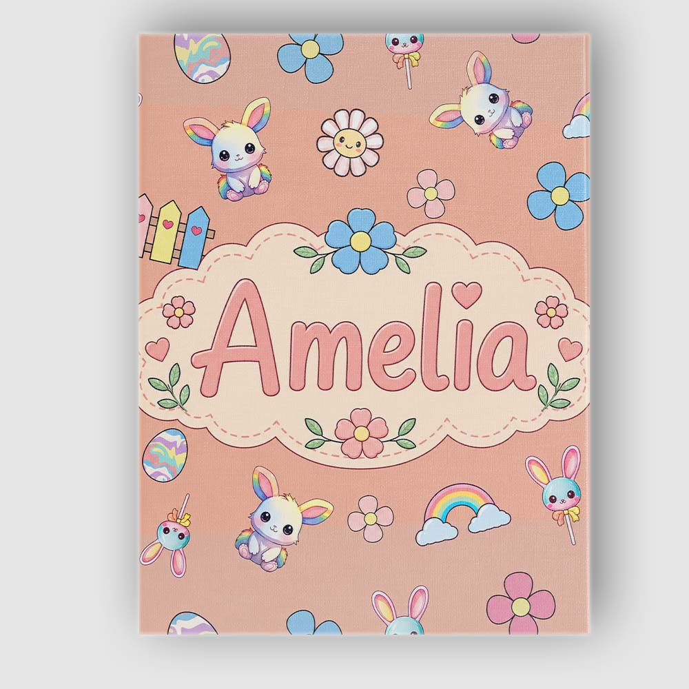 Personalised Name Cute Rainbow Bunny Flower Custom Bespoke Interior Contemporary Canvas Wall Art Print Decor Picture Ready to Hang