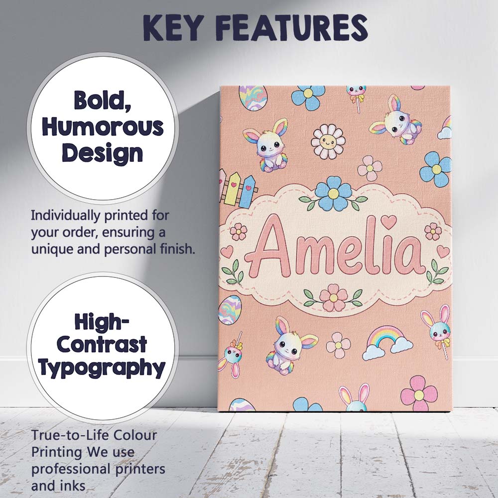 Personalised Name Cute Rainbow Bunny Flower Custom Bespoke Interior Contemporary Canvas Wall Art Print Decor Picture Ready to Hang