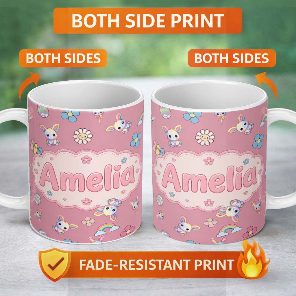 Personalized Custom Name Cute Rainbow Bunny Flower Easter Egg Seamless Pattern Pink 11oz Ceramic Coffee Tea Mug White Large Handle