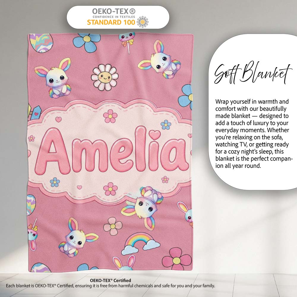 Cute Rainbow Bunny Flower Easter Egg Seamless Pattern Pink Personalised Custom Name Super Soft Fleece Blanket Bed Sofa Throw