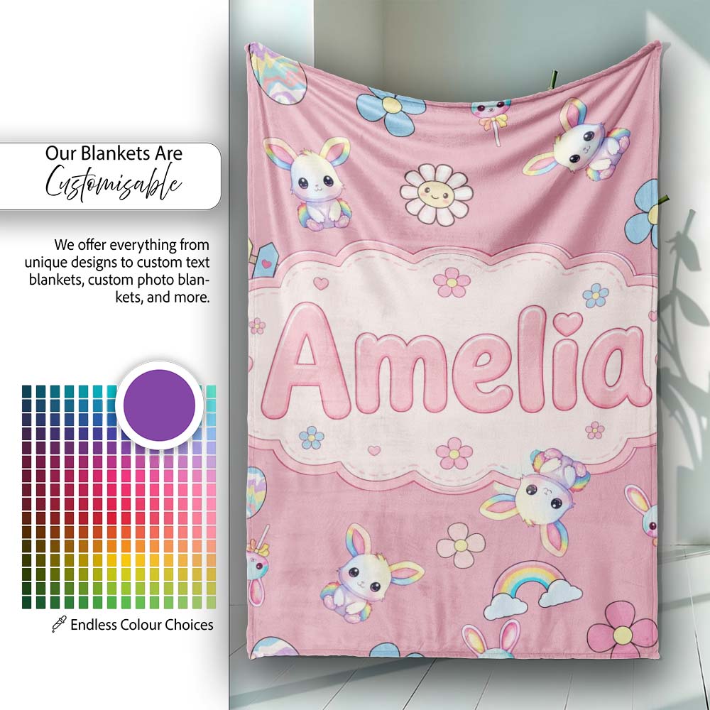 Cute Rainbow Bunny Flower Easter Egg Seamless Pattern Pink Personalised Custom Name Super Soft Fleece Blanket Bed Sofa Throw