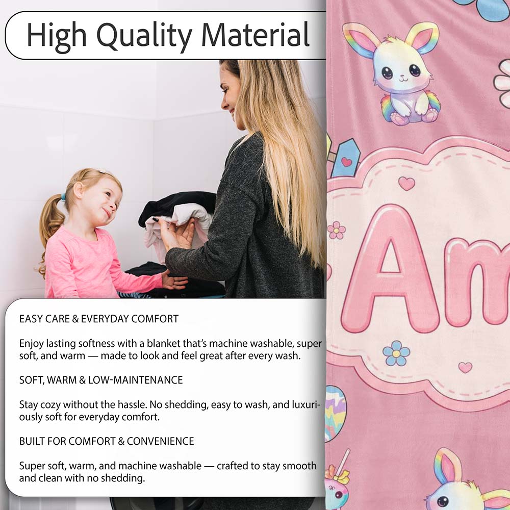 Cute Rainbow Bunny Flower Easter Egg Seamless Pattern Pink Personalised Custom Name Super Soft Fleece Blanket Bed Sofa Throw
