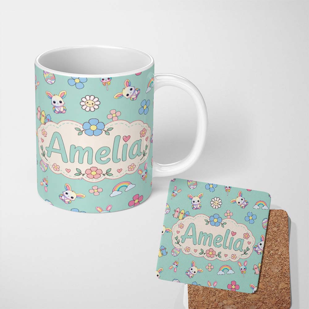 Personalized Custom Name Cute Rainbow Bunny Flower Easter Egg Seamless Pattern Mint Green 11oz Ceramic Coffee Tea Mug White Large Handle
