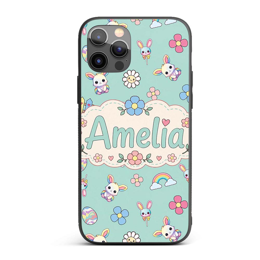 Cute Rainbow Bunny Flower Easter Egg Seamless Custom Name Protective Phone Case Mobile Cover Durable Everyday Smartphone Shock Resistant