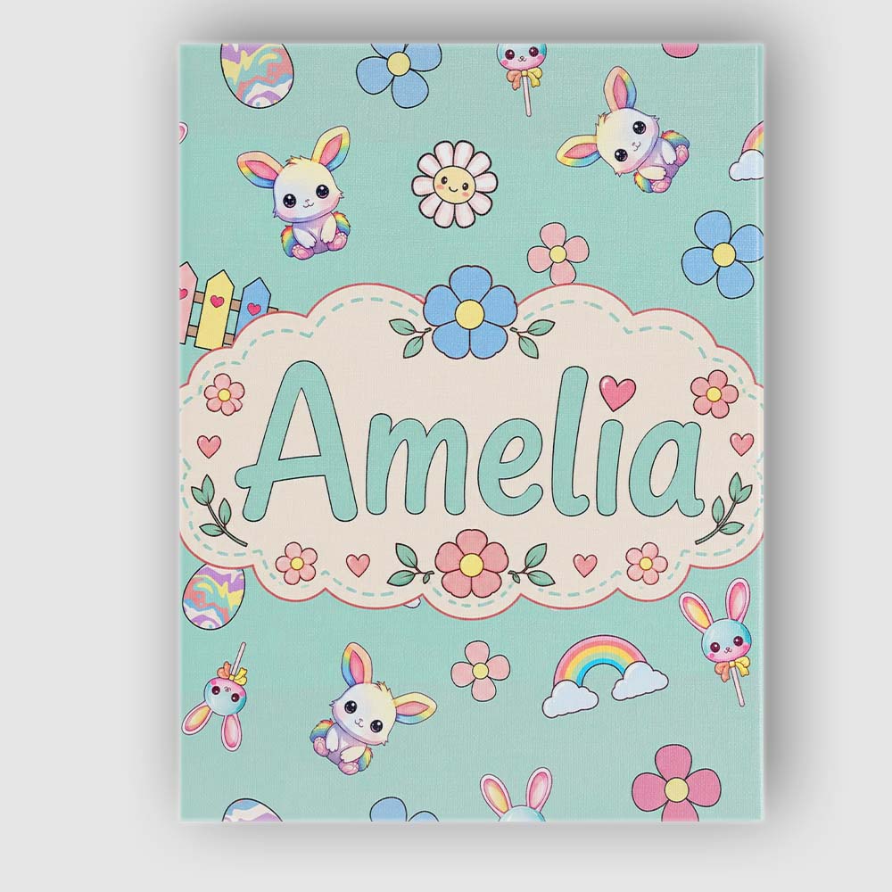 Personalised Name Cute Rainbow Bunny Flower Custom Bespoke Interior Contemporary Canvas Wall Art Print Decor Picture Ready to Hang