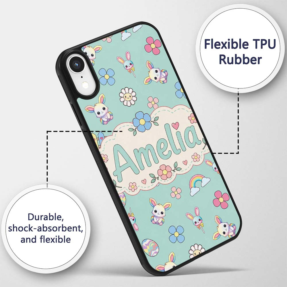 Cute Rainbow Bunny Flower Easter Egg Seamless Custom Name Protective Phone Case Mobile Cover Durable Everyday Smartphone Shock Resistant