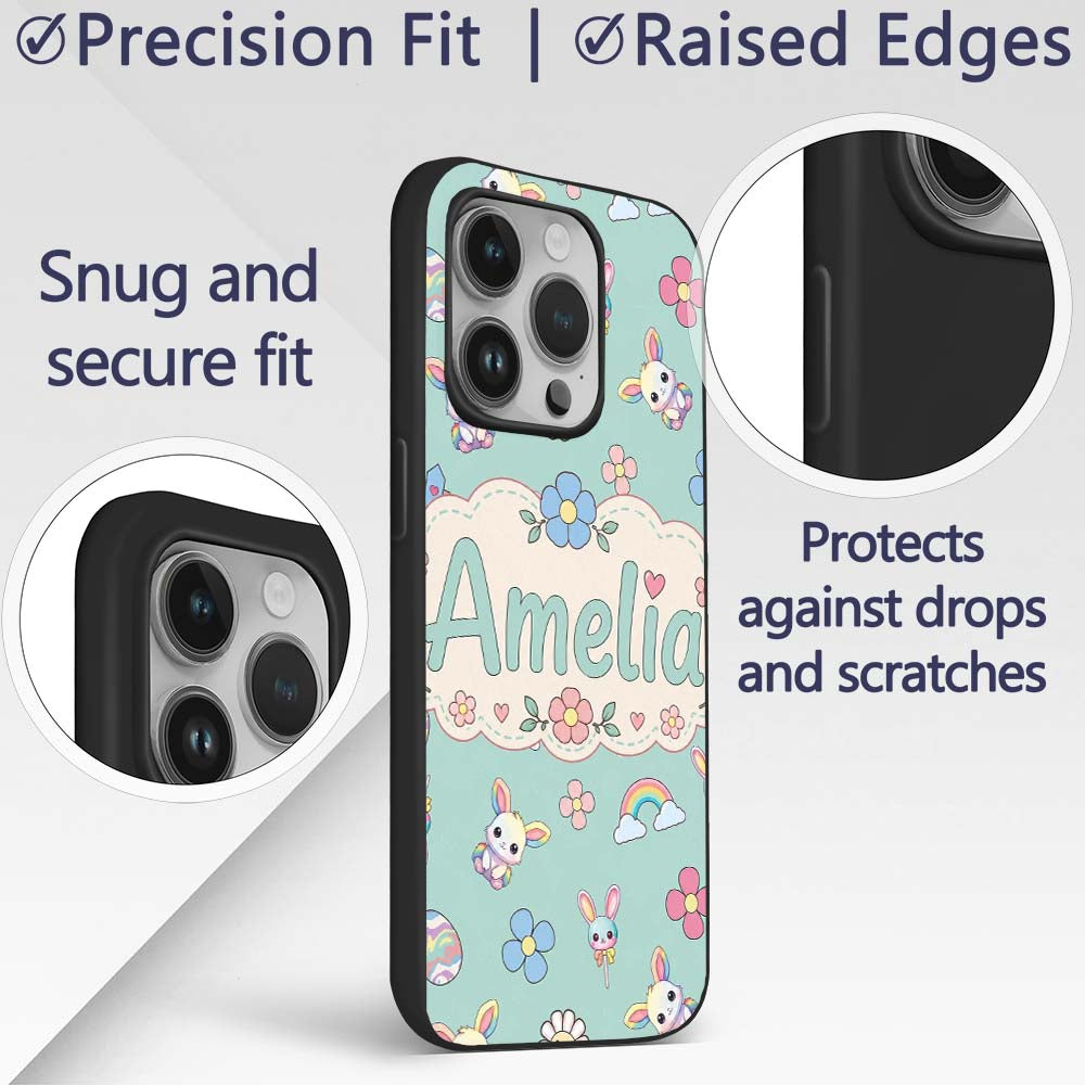 Cute Rainbow Bunny Flower Easter Egg Seamless Custom Name Protective Phone Case Mobile Cover Durable Everyday Smartphone Shock Resistant