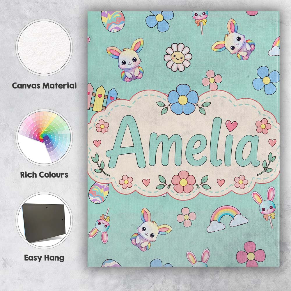 Personalised Name Cute Rainbow Bunny Flower Custom Bespoke Interior Contemporary Canvas Wall Art Print Decor Picture Ready to Hang