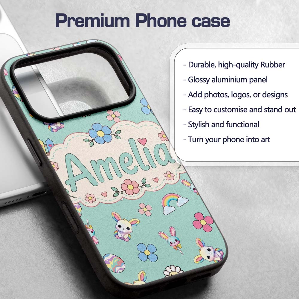 Cute Rainbow Bunny Flower Easter Egg Seamless Custom Name Protective Phone Case Mobile Cover Durable Everyday Smartphone Shock Resistant