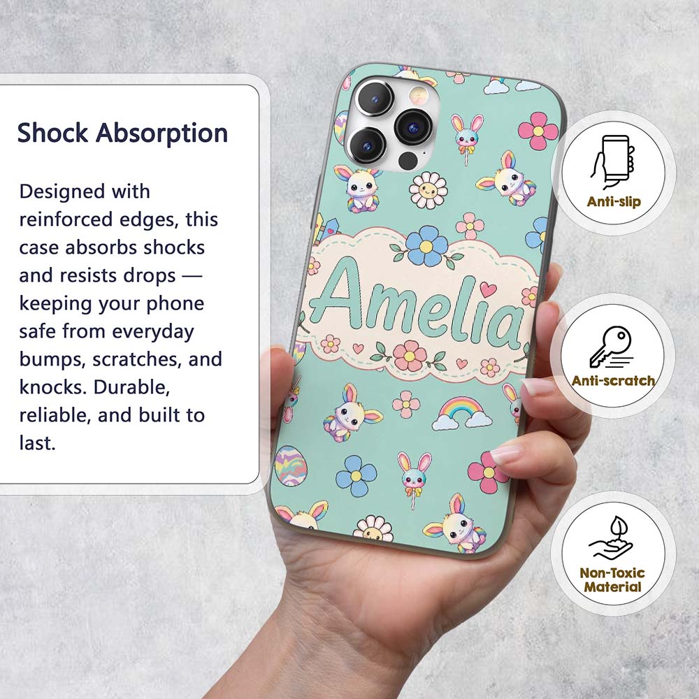 Cute Rainbow Bunny Flower Easter Egg Seamless Custom Name Protective Phone Case Mobile Cover Durable Everyday Smartphone Shock Resistant
