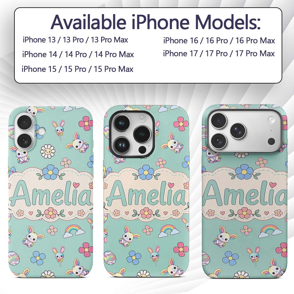 Cute Rainbow Bunny Flower Easter Egg Seamless Custom Name Protective Phone Case Mobile Cover Durable Everyday Smartphone Shock Resistant