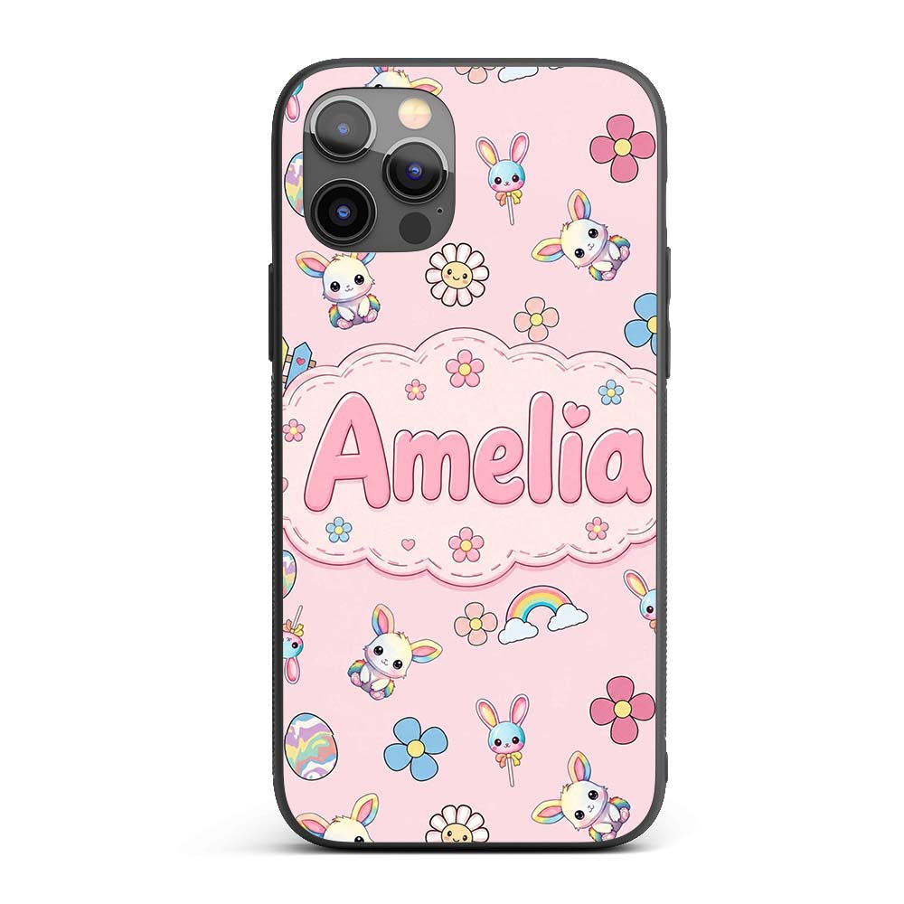 Cute Rainbow Bunny Flower Easter Egg Seamless Custom Name Protective Phone Case Mobile Cover Durable Everyday Smartphone Shock Resistant