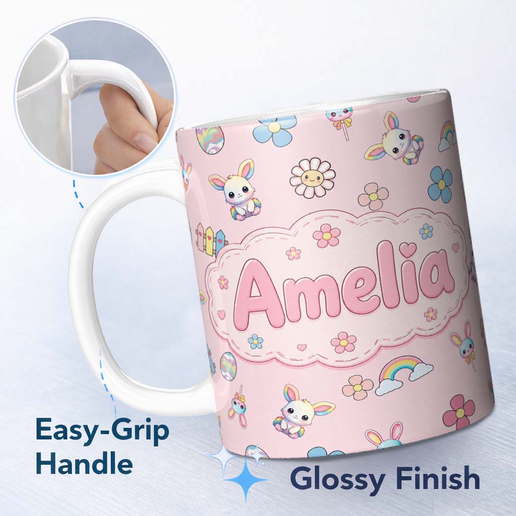 Personalized Custom Name Cute Rainbow Bunny Flower Easter Egg Seamless Pattern Blush Pink 11oz Ceramic Coffee Tea Mug White Large Handle