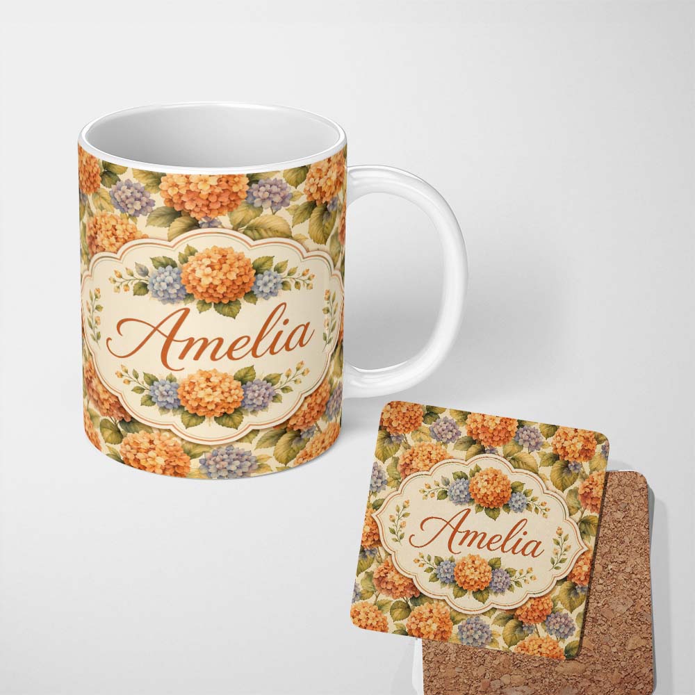 Personalized Custom Name Orange and Blue Hydrangea Vintage Floral Seamless Pattern Lovely 11oz Ceramic Coffee Tea Mug White Large Handle