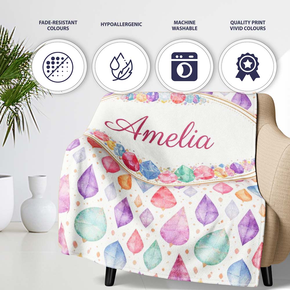 Soft Pastel Gemstone Seamless Light Background Watercolor Crystal Personalised Custom Name Super Soft Fleece Blanket Bed Sofa Throw