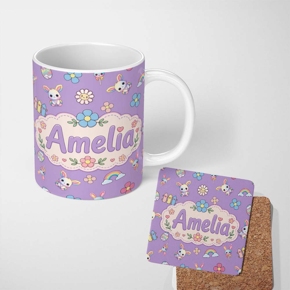 Personalized Custom Name Cute Rainbow Bunny Flower Easter Egg Seamless Pattern Purple 11oz Ceramic Coffee Tea Mug White Large Handle