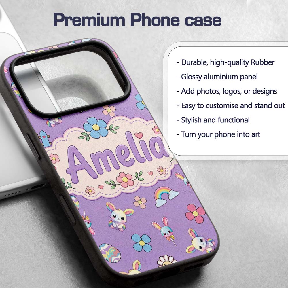 Cute Rainbow Bunny Flower Easter Egg Seamless Custom Name Protective Phone Case Mobile Cover Durable Everyday Smartphone Shock Resistant